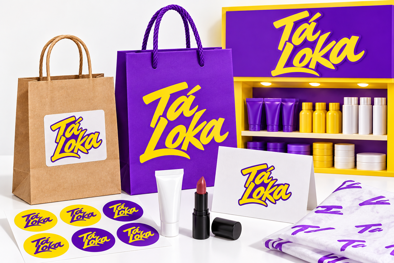 Conceito visual da Tá Loka: sacolas roxas, detalhes amarelos e cosméticos